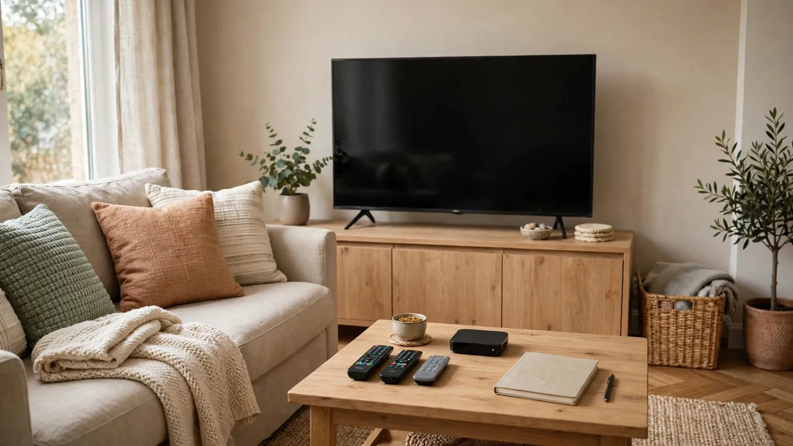 Espace salon familial avec canapé d'intérieur et écran de télévision éteint.