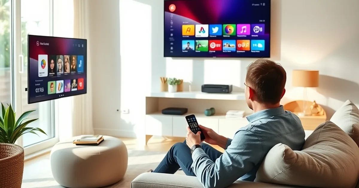 Une personne installe une application de streaming sur une télévision connectée dans un salon lumineux, télécommande à la main