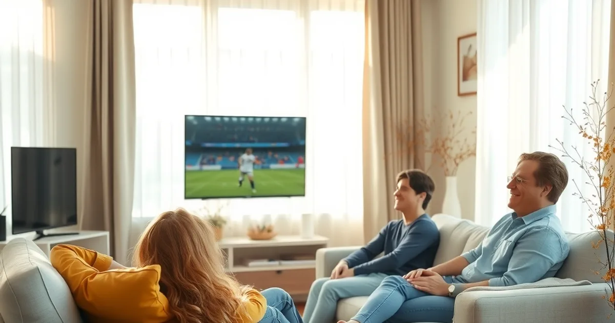 Une famille détendue regarde un match de football à la maison dans un salon lumineux, en toute tranquillité