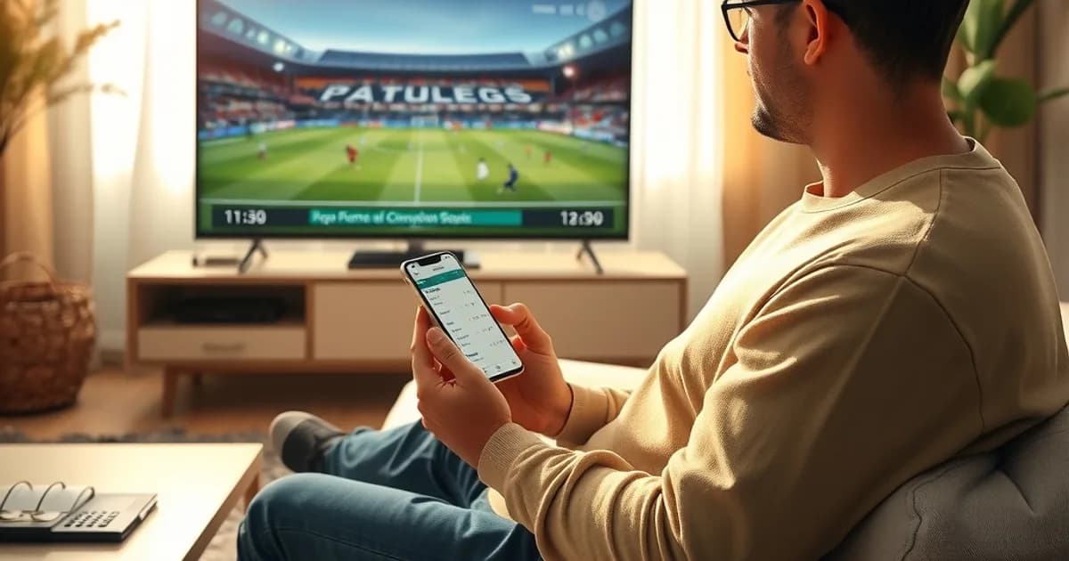 Une personne compare sur son téléphone le coût d'un abonnement Canal+ et d'un service IPTV, dans un salon lumineux avec un match de Ligue des champions à l'écran en arrière-plan.