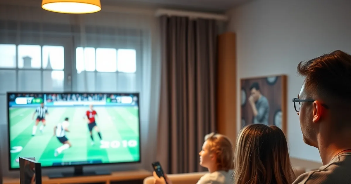 Une famille regarde un match de football en soirée dans un salon lumineux et chaleureux, télécommande à la main, avec un routeur visible en arrière-plan
