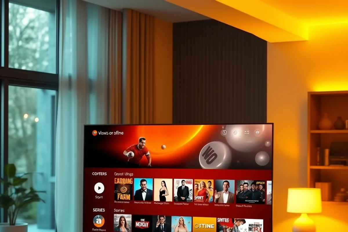 Téléviseur affichant plusieurs vignettes de contenu : sport en direct, films et séries, illustrant les catégories d’un code IPTV premium