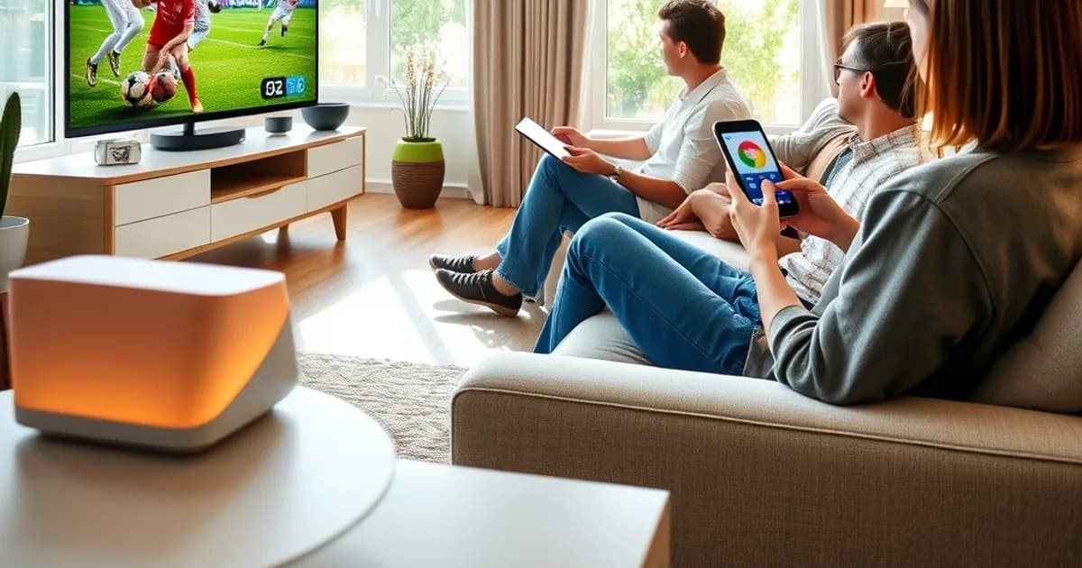 Famille dans un salon lumineux regardant la télévision pendant qu'un adolescent utilise une tablette à côté, box fibre visible en arrière-plan