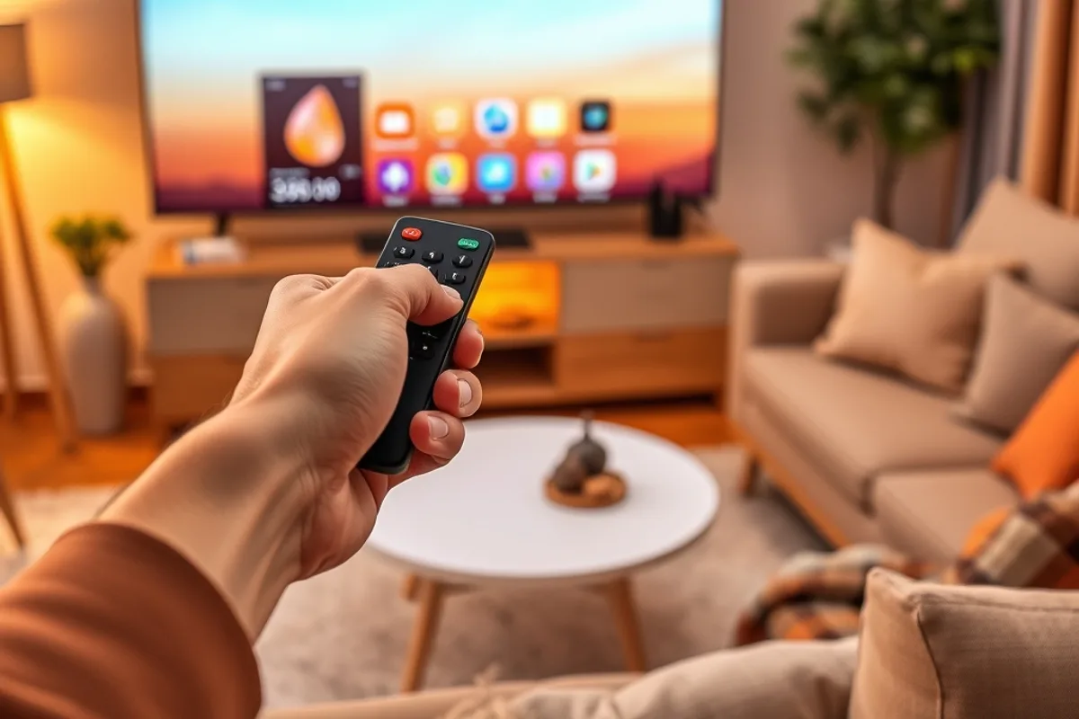 Main tenant une télécommande devant une Smart TV allumée, illustrant l’installation rapide d’un code IPTV premium
