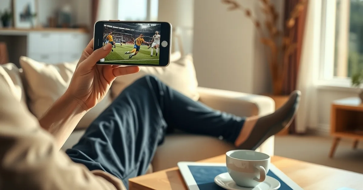 Une personne regarde un match de football en direct sur son iPhone dans un salon lumineux, avec un iPad posé sur la table basse à côté