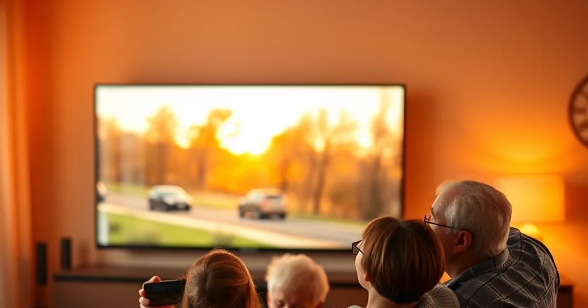 Famille satisfaite installée devant un grand téléviseur, illustrant un code IPTV premium au meilleur prix