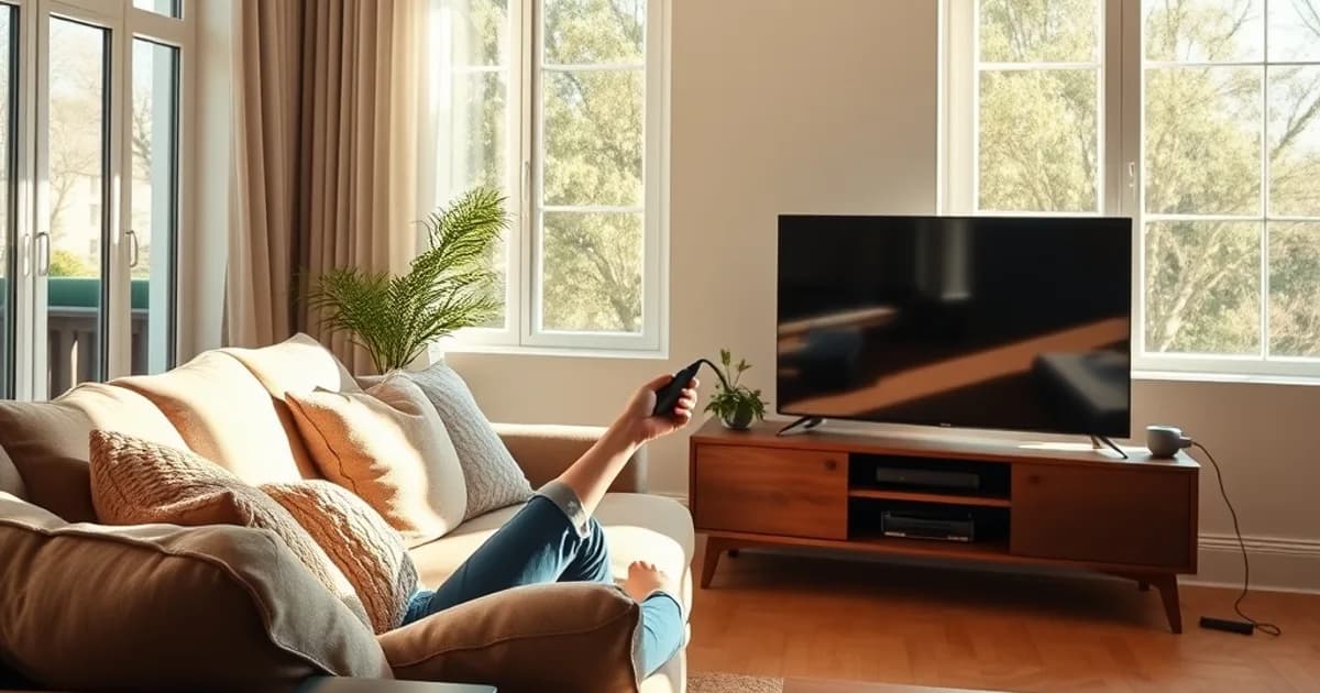 Une personne assise dans un salon lumineux tenant un câble Ethernet près de sa box TV et de sa box fibre