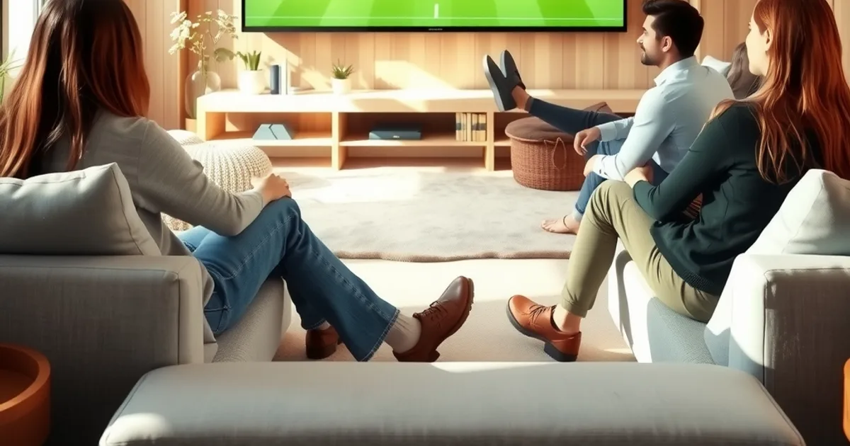 Un groupe d'amis regarde un match de football en plein jour dans un salon lumineux et chaleureux