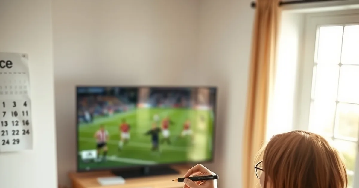Une personne assise près d'une fenêtre lumineuse entoure une date de décembre sur un calendrier mural, avec un match de football en arrière-plan à la télévision.