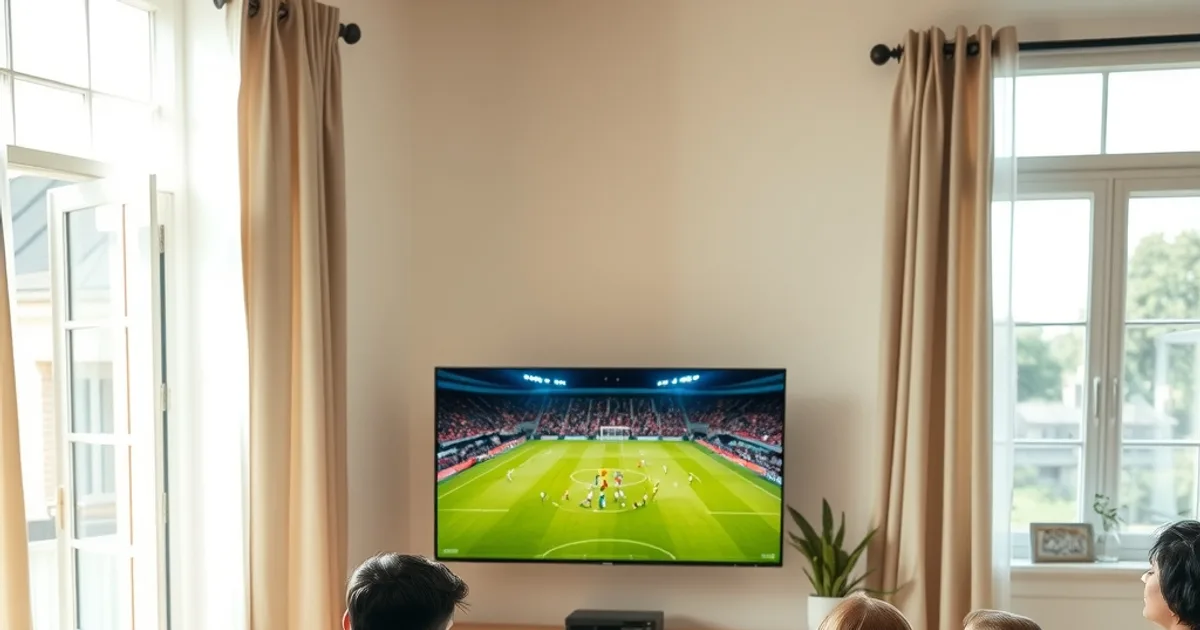 Une famille regarde un match de football ensemble dans un salon lumineux un après-midi d'été
