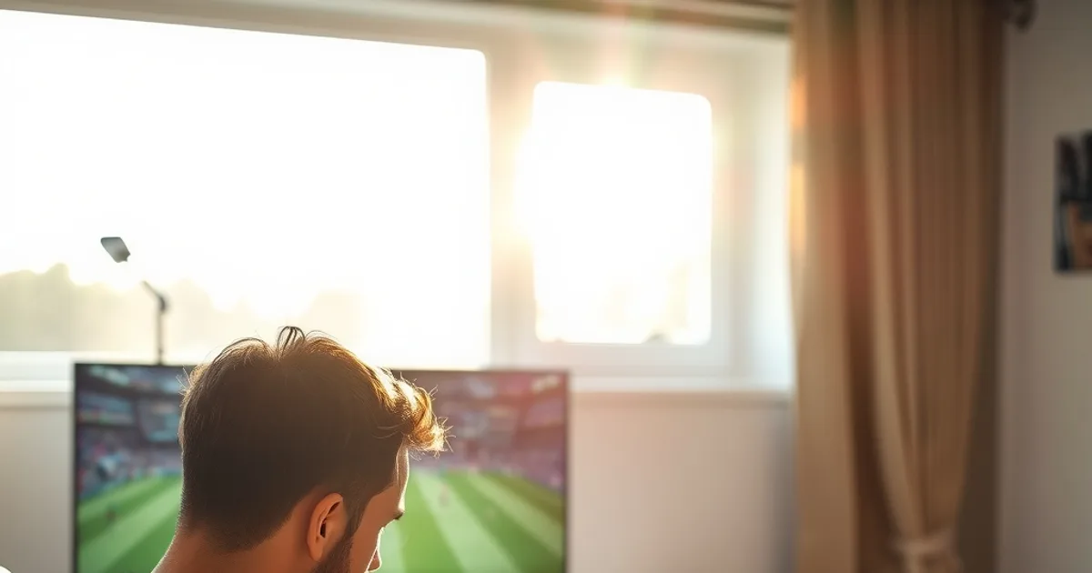 Un homme vérifie son téléphone dans un salon lumineux pendant qu'un match de football est en pause sur l'écran de télévision en arrière-plan.