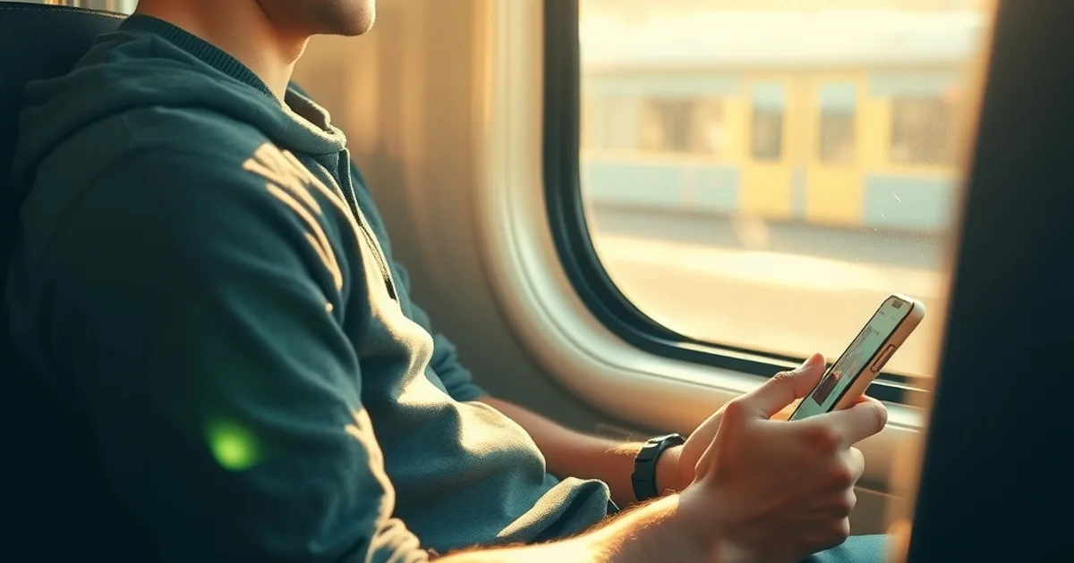 Un homme regarde un match de football en direct sur son smartphone dans un train, en pleine lumière du jour