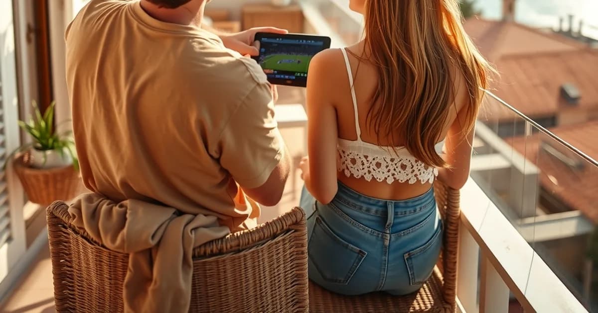 Un couple en vacances regarde un match de football en direct sur une tablette, installé sur le balcon d'un hôtel avec vue sur une ville côtière ensoleillée.