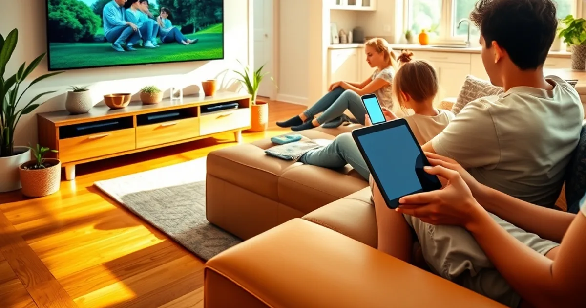 Famille regardant la télévision dans un salon lumineux pendant qu'un adolescent suit un programme sur tablette dans la cuisine à l'arrière-plan
