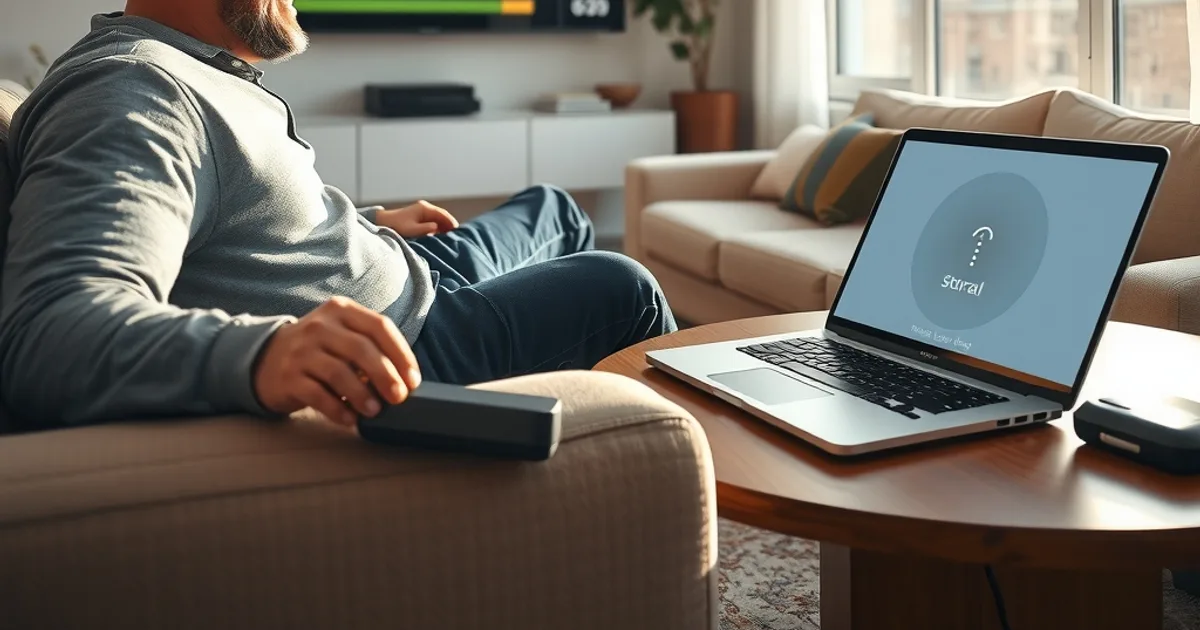 Un homme souriant vérifie la stabilité de son flux IPTV sur une télévision, dans un salon lumineux en pleine journée.