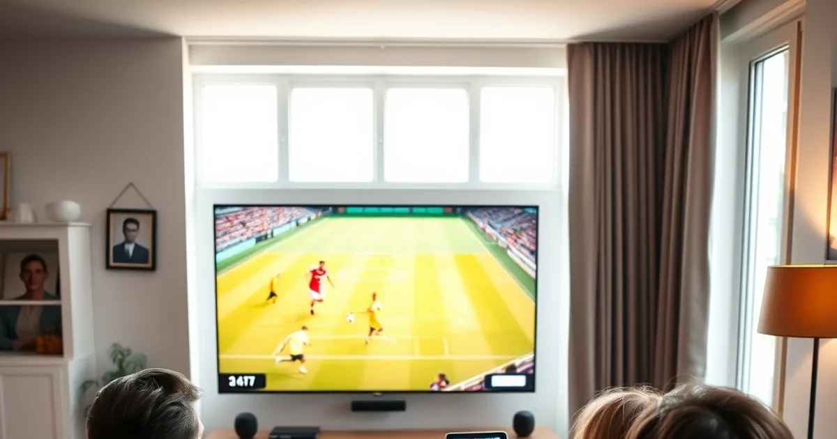 Groupe d'amis regardant un match de football ensemble dans un salon lumineux, un écran de tablette allumé à côté