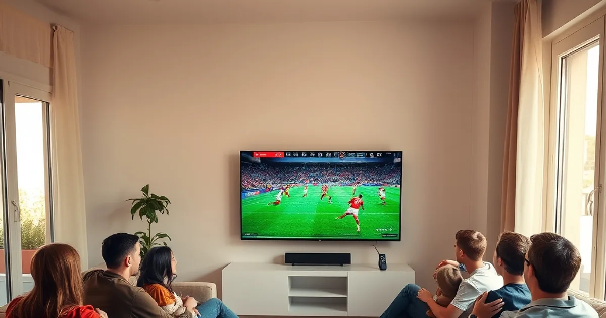 Famille et amis regardant un match de Ligue 1 en direct sur une Smart TV dans un salon lumineux