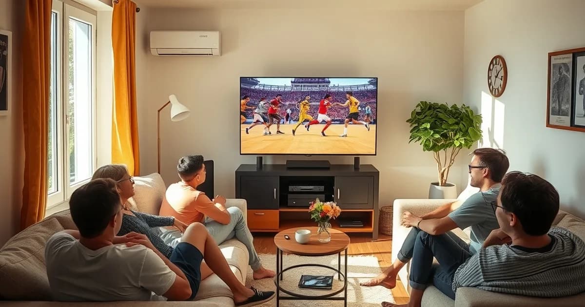 Un groupe d'amis regarde un match de football ensemble dans un salon lumineux en fin d'après-midi.