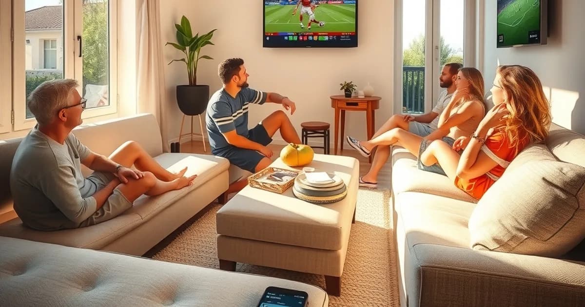 Un groupe d'amis regarde un match de Ligue 1 dans un salon lumineux, un smartphone et une télécommande posés sur la table basse