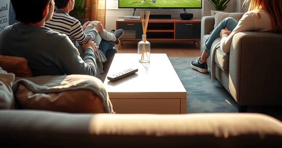 Famille regardant un match de football en direct dans un salon lumineux et chaleureux