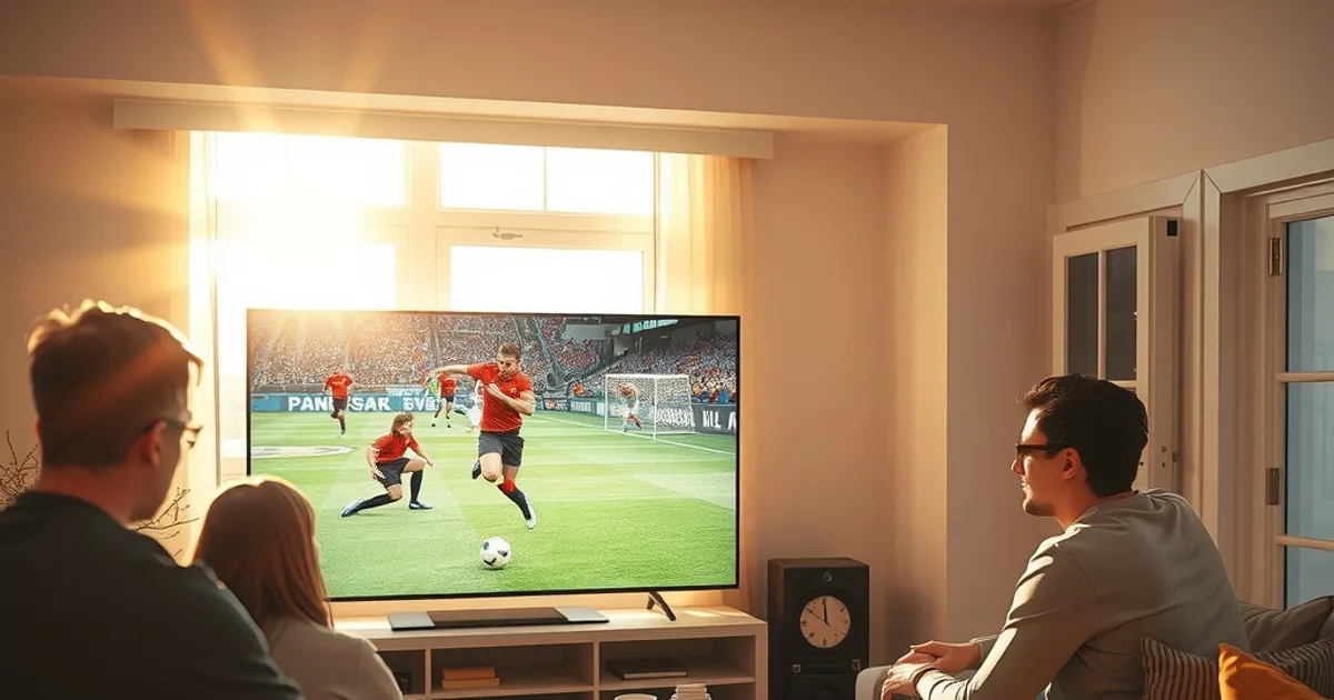 Un groupe d'amis regarde un match de football dans un salon lumineux en fin de journée