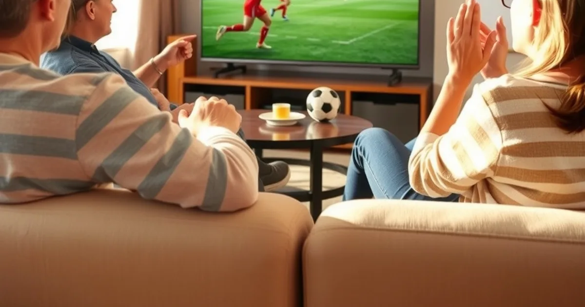 Un groupe d'amis regarde un match de football féminin en direct sur une Smart TV dans un salon lumineux, en plein après-midi.
