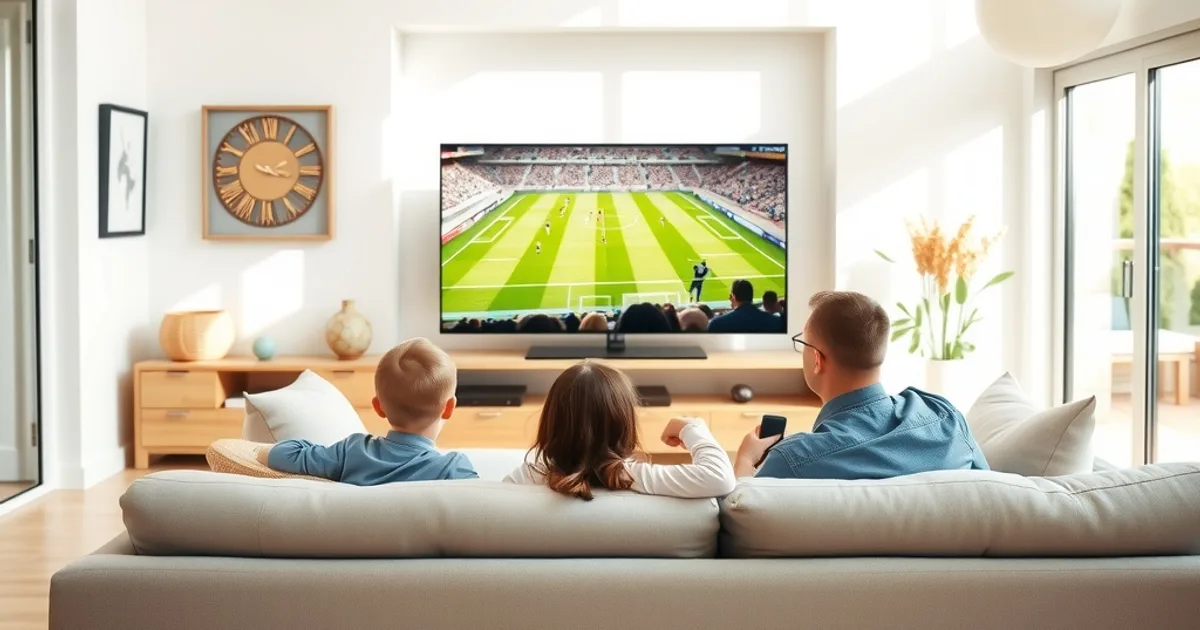 Une famille regarde un match de football ensemble dans un salon lumineux et chaleureux, en pleine journée
