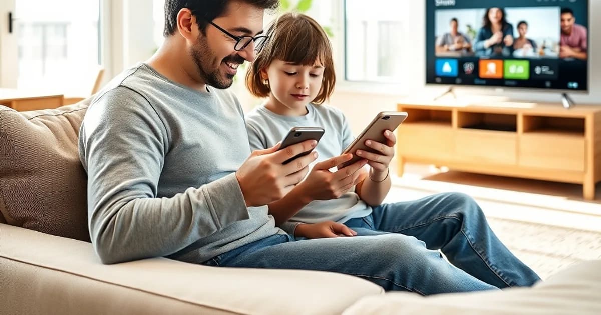 Un parent et son adolescent assis dans un salon lumineux examinent ensemble les paramètres d'une application sur un smartphone, avec une Smart TV en arrière-plan.