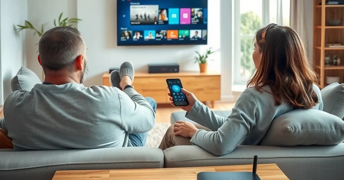 Un père et sa fille comparent deux applications IPTV sur une télévision dans un salon lumineux