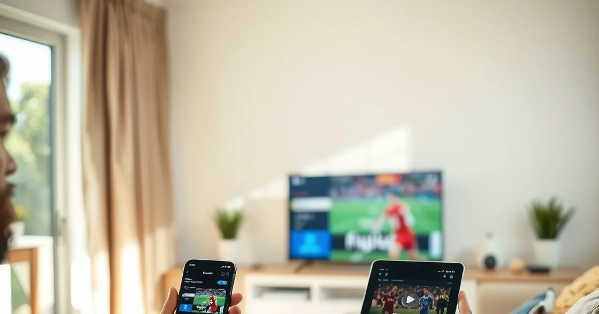 Une personne compare deux écrans, smartphone et tablette, pour vérifier la fiabilité d'un service IPTV pendant son essai gratuit, salon lumineux en journée
