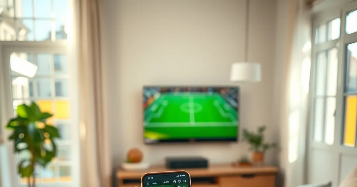 Une personne vérifie la connexion de son abonnement IPTV sur son smartphone dans un salon lumineux, avec la télévision allumée en arrière-plan.