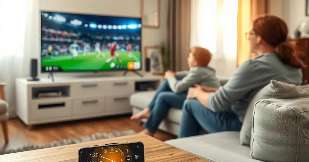 Famille regardant un match de football à la télévision dans un salon lumineux, avec un smartphone affichant un test de débit posé sur la table basse