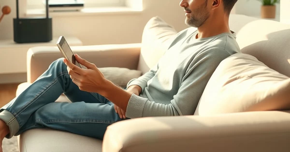 Une personne détendue vérifie une application de streaming sur une tablette dans un salon lumineux, avec un routeur wifi visible à l'arrière-plan.