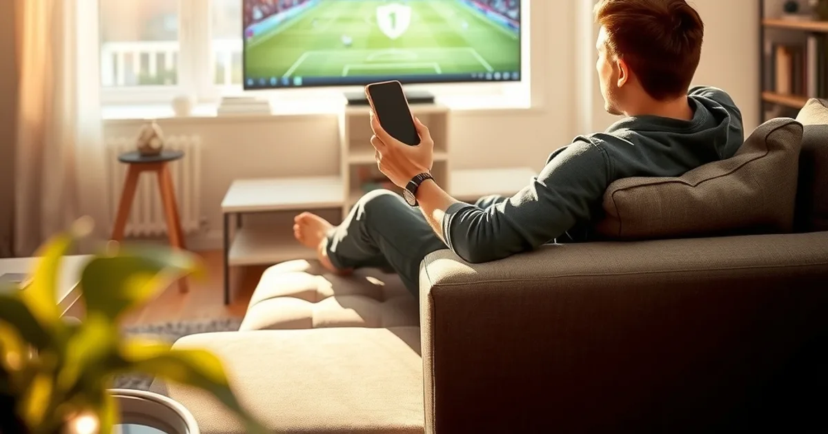 Un homme installé dans un salon lumineux regarde un match de football sur un grand téléviseur, son smartphone à la main affichant une icône de bouclier symbolisant une connexion sécurisée.